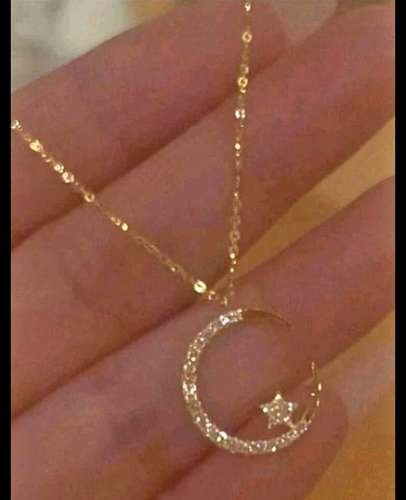 Elegant Rhinestone Studded Star  Moon Necklace