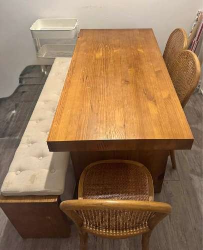 Solid Wood Dining Table  Bench  3 Rattan Chairs